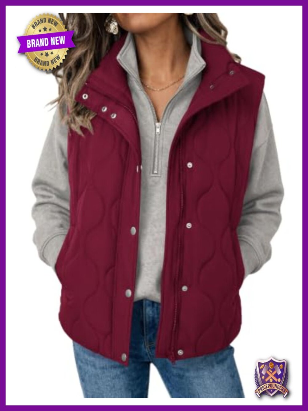 Oversized Quilted Puffer Vest Stand Collar Zip Up Sleeveless Womens Outerwear